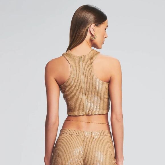 RETROFETE Audra Sequin Knit Tank Top Nude Tan Gold Crop Back Zip Size Large NEW - Picture 5 of 11